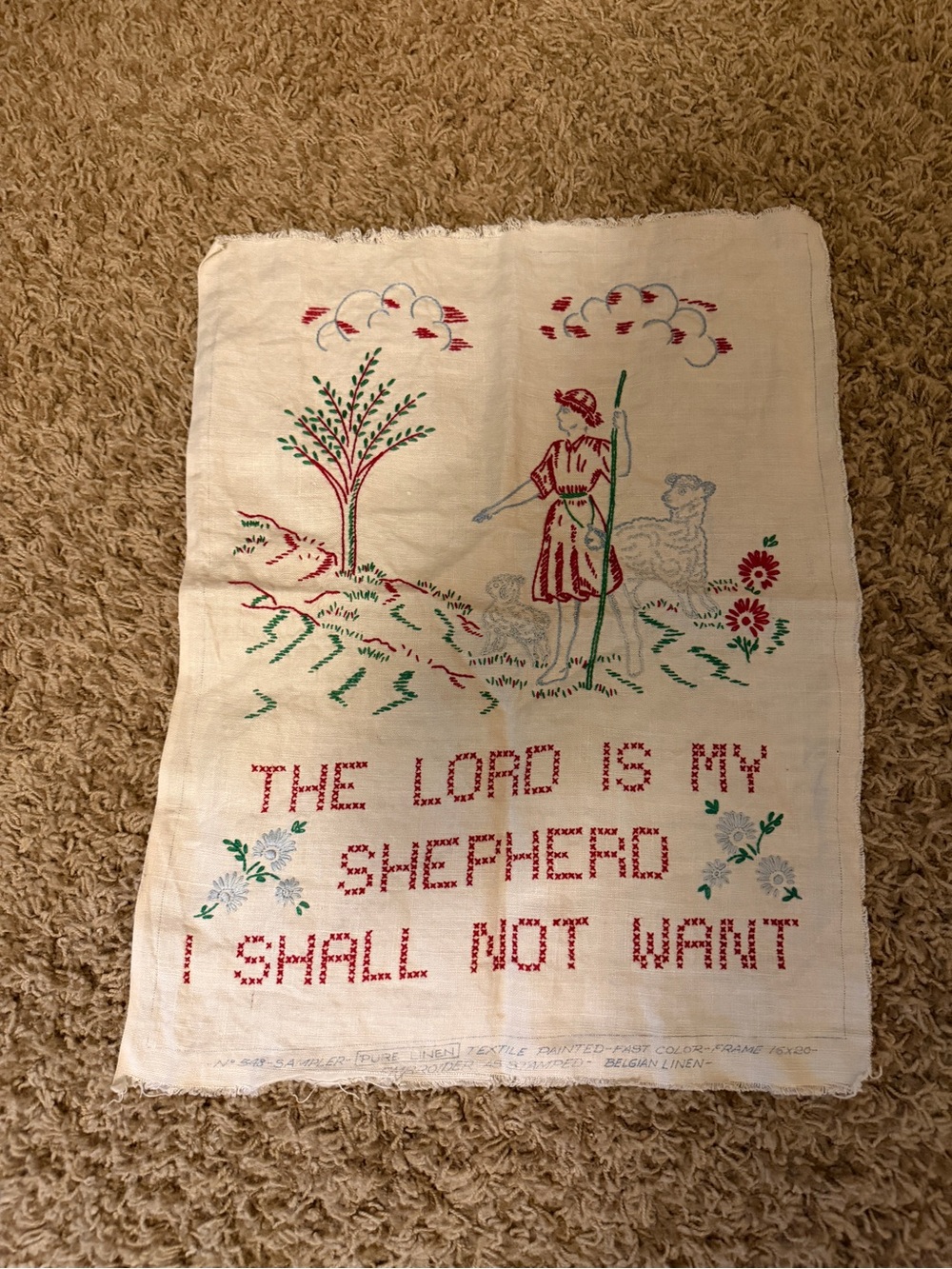 Vintage Belgian Linen Cross Stitch Sampler The Lord Is My Shepherd Art